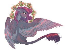 Size: 1280x992 | Tagged: safe, artist:qitc, oc, oc only, oc:shadowgale, hybrid, original species, leonine tail, simple background, tail, white background, wings, wreath