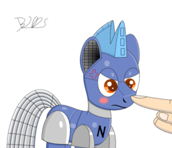 Size: 1500x1292 | Tagged: safe, artist:trackheadtherobopony, oc, oc only, oc:gearbox, pony, robot, robot pony, annoyed, boop, cross-popping veins, finger, hand, noseboop, simple background, solo, transparent background