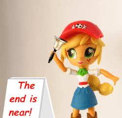 Size: 560x540 | Tagged: safe, artist:whatthehell!?, edit, applejack, equestria girls, g4, animated, bell, boots, clothes, doll, equestria girls minis, hat, irl, parody, photo, shoes, sign, skirt, smiling, the end, the end is near, the end is neigh, the end is nigh, toy