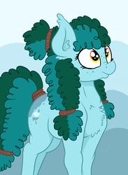 Size: 2633x3597 | Tagged: safe, artist:paskanaakka, derpibooru exclusive, oc, oc only, oc:gleamblossom, earth pony, pony, abstract background, butt freckles, chest fluff, ear fluff, female, freckles, high res, mare, nose wrinkle, solo, tail wrap
