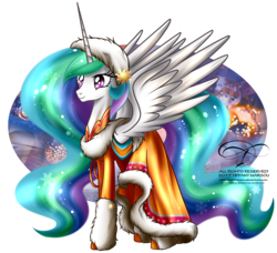 Size: 1300x1186 | Tagged: safe, artist:tiffanymarsou, princess celestia, alicorn, pony, g4, beautiful, cloak, clothed ponies, clothes, concave belly, dress, ethereal mane, ethereal tail, female, hat, horn, long mane, long tail, mare, simple background, slender, solo, spread wings, standing, sternocleidomastoid, tail, tall, thin, transparent background, wings, winter