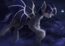 Size: 3508x2480 | Tagged: safe, artist:aidelank, oc, oc only, bat pony, pony, bat pony oc, commission, female, high res, looking at you, mare, moon, night, solo, tree