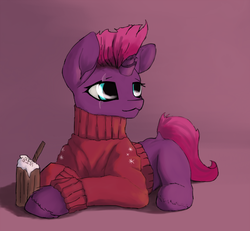 Size: 1800x1663 | Tagged: safe, artist:thelittlesnake, fizzlepop berrytwist, tempest shadow, pony, g4, my little pony: the movie, clothes, eggnog, eye scar, female, mare, prone, scar, solo, sweater