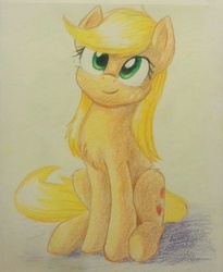 Size: 1570x1919 | Tagged: safe, artist:sokolas, applejack, earth pony, pony, g4, chest fluff, cute, female, jackabetes, loose hair, mare, sitting, smiling, traditional art