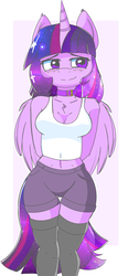 Size: 1414x3056 | Tagged: safe, artist:duop-qoub, artist:pastelhorses, twilight sparkle, alicorn, anthro, g4, arm behind back, belly button, breasts, cleavage, clothes, collaboration, collar, female, mare, midriff, shorts, simple background, smiling, stockings, tank top, thigh highs, twilight sparkle (alicorn), wings