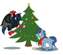 Size: 1380x1200 | Tagged: safe, artist:lieutenantkyohei, oc, oc only, oc:honami, oc:kyohei, alicorn, bat pony, pony, alicorn oc, bat pony oc, christmas, christmas tree, clothes, female, hat, holiday, male, mare, mouth hold, santa hat, scarf, simple background, stallion, transparent background, tree, unshorn fetlocks