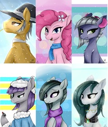 Size: 2024x2380 | Tagged: safe, artist:dashy21, boulder (g4), cloudy quartz, igneous rock pie, limestone pie, marble pie, maud pie, pinkie pie, g4, abstract background, clothes, family, flower, flower in hair, glasses, glasses off, hat, high res, pie family, scarf, snow, snowfall