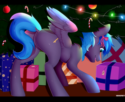 Size: 3000x2434 | Tagged: safe, alternate version, artist:meowcephei, oc, oc only, oc:key turner, pegasus, pony, butt, christmas, christmas tree, high res, holiday, plot, present, solo, tree, ych result