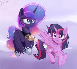 Size: 2160x1920 | Tagged: safe, artist:bugplayer, princess luna, twilight sparkle, alicorn, pony, g4, box, donut, envy, female, flying, food, greed, high res, mare, open mouth, sky, twilight sparkle (alicorn)