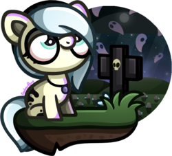 Size: 887x807 | Tagged: safe, artist:amberpone, oc, oc only, oc:lowa mei, ghost, pony, art trade, big eyes, big head, black, blue, blue eyes, blue hair, cel shading, cloud, digital art, eyes open, female, flower, grass, graveyard, gray, green, hat, jewelry, lighting, lineart, looking up, moon, necklace, night, original character do not steal, paint tool sai, purple, shading, simple background, sitting, skull, sky, smiling, solo, stars, teenager, transparent background, white