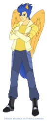 Size: 1188x2989 | Tagged: safe, artist:pyrus-leonidas, flash sentry, human, equestria girls, g4, clothes, crossed arms, eared humanization, humanized, male, pants, ponied up, shirt, simple background, smiling, solo, transparent background, winged humanization, wings