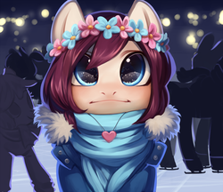 Size: 3000x2586 | Tagged: safe, artist:aphphphphp, oc, oc only, oc:tulip (pandorasia), pony, clothes, commission, earmuffs, floral head wreath, flower, high res, ice rink, ice skates, ice skating, scarf, solo focus, ych result