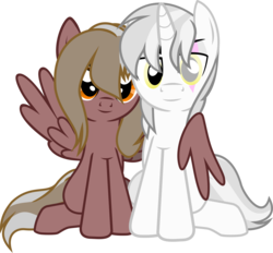Size: 1231x1143 | Tagged: safe, artist:lightningbolt, derpibooru exclusive, oc, oc only, oc:copper crescendo, oc:silver sickle, pegasus, pony, unicorn, 2018 community collab, derpibooru community collaboration, g4, .svg available, brother and sister, duo, female, hair over one eye, horn, hug, looking at you, male, scar, show accurate, simple background, sitting, svg, transparent background, vector, winghug, wings