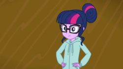 Size: 1280x720 | Tagged: safe, screencap, sci-twi, twilight sparkle, equestria girls, g4, my little pony equestria girls: better together, the finals countdown, clothes, disappointed, female, glasses, hand on waist, hands on waist, hoodie, solo
