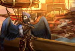 Size: 2886x1959 | Tagged: safe, artist:shumey, oc, oc only, bird, blue jay, griffon, anthro, barely pony related, character, engineer, griffon oc, mechanic, naarkerotics, steampunk
