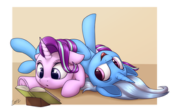 Size: 2529x1651 | Tagged: safe, artist:deltauraart, starlight glimmer, trixie, pony, unicorn, g4, book, cute, diatrixes, duo, duo female, eyebrows, female, frog (hoof), glimmerbetes, high res, horn, lying down, mare, on back, open mouth, open smile, reading, smiling, underhoof