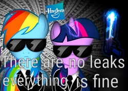Size: 670x480 | Tagged: safe, artist:dan232323, edit, rainbow dash, twilight sparkle, g4, leak, 12/16/17, blatant lies, cropped, crossover, dialogue, hasbro, lies, meanwhile at hasbro hq, men in black, ponies in black