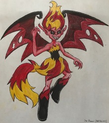 Size: 2743x3116 | Tagged: safe, artist:bozzerkazooers, sunset shimmer, equestria girls, g4, clothes, corrupted, dress, evil, female, high res, solo, sunset satan, traditional art