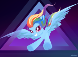 Size: 3484x2549 | Tagged: safe, artist:pedrohander, rainbow dash, pegasus, pony, g4, abstract background, female, flying, high res, smiling, solo, spread wings, wings