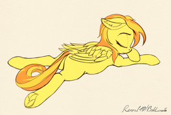 Size: 1743x1169 | Tagged: safe, artist:lunebat, spitfire, pegasus, pony, g4, alternate hairstyle, cute, female, lying, mare, sleeping, solo, wings