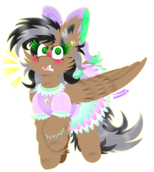 Size: 2889x3223 | Tagged: safe, artist:vanillaswirl6, oc, oc only, oc:artsong, pegasus, pony, blushing, bow, bracelet, clothes, colored eyelashes, colored pupils, cute, dress, ear piercing, earring, embarrassed, female, gift art, girly, hair bow, high res, jewelry, looking at you, mare, necklace, open mouth, piercing, raised hoof, ruffles, sharp teeth, simple background, solo, sparkles, teeth, transparent background