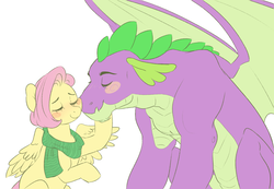 Size: 1434x992 | Tagged: safe, artist:frowoppy, fluttershy, spike, dragon, pegasus, pony, g4, alternate hairstyle, crack shipping, eyes closed, female, male, older, older spike, ship:flutterspike, shipping, short hair, simple background, size difference, smiling, straight, winged spike, wings