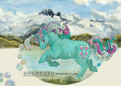 Size: 800x565 | Tagged: safe, artist:coldruru, fizzy, pony, unicorn, g1, bubble, bubbling, female, galloping, inktober, inktober 2017, magic, mare, mountain, running, scenery, solo, traditional art