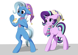 Size: 4093x2894 | Tagged: safe, artist:faline-art, starlight glimmer, trixie, pony, g4, belly button, bipedal, cel shading, clothes, commission, cup, duo, duo female, ear fluff, female, floppy ears, giggling, hat, magic, open mouth, raised eyebrow, raised hoof, scarf, simple background, smiling, teacup, telekinesis, underhoof, white background