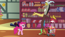 Size: 1280x720 | Tagged: safe, screencap, discord, pinkie pie, draconequus, earth pony, pony, discordant harmony, g4, duo, female, male, mare, piñata, rubber chicken, shopping cart, store, volcano