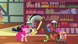 Size: 1280x720 | Tagged: safe, screencap, discord, pinkie pie, draconequus, earth pony, pony, discordant harmony, g4, duo, eyes closed, female, handshake, male, mare, piñata, rubber chicken, shopping cart, store, volcano
