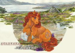 Size: 800x562 | Tagged: safe, artist:coldruru, gypsy (g1), pony, unicorn, g1, bow, card, crystal ball, cute, fortune teller, heather, inktober, inktober 2017, inlet, river, scenery, tail bow, traditional art