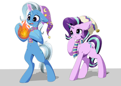 Size: 4093x2894 | Tagged: safe, artist:faline-art, starlight glimmer, trixie, pony, unicorn, g4, belly button, bipedal, clothes, commission, cup, duo, duo female, ear fluff, female, fire, floppy ears, giggling, glowing horn, hat, horn, magic, mare, open mouth, raised eyebrow, raised hoof, scarf, shadow, simple background, smiling, teacup, telekinesis, underhoof, white background