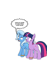 Size: 596x800 | Tagged: safe, artist:dekomaru, trixie, twilight sparkle, pony, unicorn, tumblr:ask twixie, g4, ask, dialogue, duo, female, lesbian, mare, open mouth, screaming, ship:twixie, shipping, simple background, standing, tumblr, white background