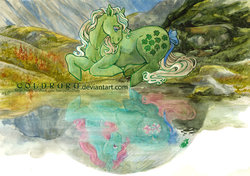 Size: 800x562 | Tagged: safe, artist:coldruru, minty, minty (g1), pony, g1, g3, altered reflection, bow, cave, cave pool, g3 to g1, generation leap, inktober, inktober 2017, mountain, pond, reflection, scenery, tail bow, traditional art, water