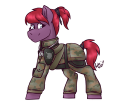 Size: 1000x825 | Tagged: safe, artist:laydeekaze, oc, oc only, oc:regal heart, pony, armor, army, bandolier, camouflage, dog tags, fallout, fatigues, female, mare, ponytail, pouch, soldier, soldier pony, solo