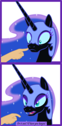 Size: 1345x2702 | Tagged: safe, artist:grypher, derpibooru exclusive, nightmare moon, alicorn, human, pony, g4, boop, boop denied, fangs, frown, glare, hand, offscreen character, open mouth, sharp teeth, simple background, solo focus, speech, teeth, tempting fate, threat, vector, white background, wide eyes
