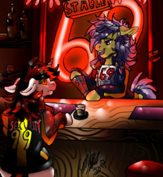 Size: 554x600 | Tagged: safe, artist:brainiac, oc, oc only, oc:blackjack, oc:caprice, unicorn, semi-anthro, fallout equestria, fallout equestria: project horizons, alcohol, apron, bartender, clothes, dirty, duo, female, glass, mare, neon, shot glass