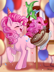 Size: 3000x4000 | Tagged: safe, artist:foxcarp, gummy, pinkie pie, alligator, earth pony, pony, g4, cake, chest fluff, cute, eyes closed, female, food, mare, open mouth, raised hoof, raised leg, smiling