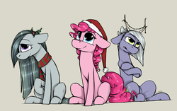 Size: 1350x850 | Tagged: safe, artist:sinrar, limestone pie, marble pie, pinkie pie, earth pony, pony, g4, antlers, christmas, clothes, commission, female, hat, holiday, holly, mare, santa hat, scarf, simple background