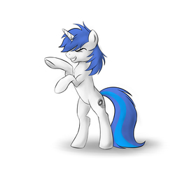 Size: 4961x4810 | Tagged: safe, artist:theravencriss, oc, oc only, oc:shifting gear, pony, unicorn, absurd resolution, blue mane, colt, cutie mark, male, rearing, simple background, smiling, solo, squint, white background, white coat