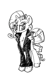 Size: 552x780 | Tagged: safe, artist:shoeunit, rarity, pony, unicorn, g4, black and white, clothes, female, grayscale, ink, jacket, mare, monochrome, simple background, solo, traditional art, white background