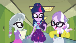 Size: 1920x1080 | Tagged: safe, screencap, diamond tiara, sci-twi, silver spoon, twilight sparkle, best trends forever, best trends forever: twilight sparkle, equestria girls, g4, my little pony equestria girls: better together, choose twilight sparkle, clothes, cutie mark on clothes, geode of telekinesis, glasses, magical geodes, sci-twi skirt, skirt