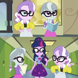 Size: 2048x2048 | Tagged: safe, screencap, diamond tiara, sci-twi, silver spoon, twilight sparkle, best trends forever, best trends forever: twilight sparkle, equestria girls, g4, my little pony equestria girls: better together, choose twilight sparkle, geode of telekinesis, glasses, high res, magical geodes
