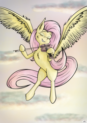 Size: 6000x8486 | Tagged: safe, artist:maneingreen, fluttershy, pegasus, pony, g4, absurd resolution, chest fluff, cloud, eyes closed, female, fiddle, mare, music, musical instrument, sky, solo, spread wings, violin, wings