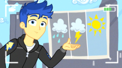 Size: 1920x1080 | Tagged: safe, screencap, flash sentry, best trends forever, equestria girls, g4, my little pony equestria girls: better together, cute, diasentres, haircut, handsome, male, smiling, solo, weather