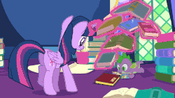 Size: 1920x1080 | Tagged: safe, edit, edited screencap, screencap, fluttershy, spike, twilight sparkle, alicorn, dragon, pegasus, pony, g4, season 5, the hooffields and mccolts, abuse, animated, book, flutterbuse, gif, glowing, glowing horn, horn, library, magic, magic aura, slapstick, sound at source, telekinesis, throwing, throwing things at fluttershy, twilight sparkle (alicorn), twilight's castle, video at source