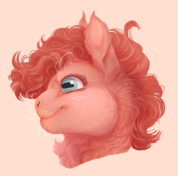 Size: 961x950 | Tagged: safe, artist:jayrockin, pinkie pie, earth pony, pony, tiny sapient ungulates, g4, bust, cheek fluff, cute, diapinkes, ear fluff, female, fluffy, gradient background, gray background, horizontal pupils, mare, neck fluff, simple background, smiling, solo, unusual pupils, whiskers