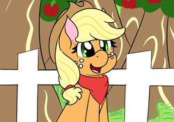 Size: 4960x3496 | Tagged: safe, artist:jubyskylines, applejack, earth pony, pony, g4, apple, apple tree, clothes, cute, female, fence, food, freckles, mare, open mouth, scarf, smiling, solo, tree