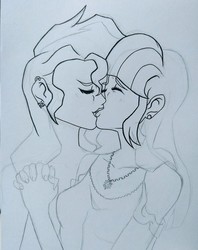 Size: 1280x1618 | Tagged: safe, artist:felinillo, sunset shimmer, twilight sparkle, human, equestria girls, g4, clothes, cutie mark accessory, cutie mark earrings, cutie mark necklace, dress, eyes closed, female, holding hands, kiss on the lips, kissing, lesbian, lineart, ship:sunsetsparkle, shipping, sketch, wip
