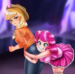 Size: 1000x977 | Tagged: safe, artist:racoonsan, applejack, pinkie pie, human, g4, shadow play, applebutt, applejack is not amused, applejack's hat, ass, blushing, breasts, butt, butt touch, butthug, clothes, cowboy hat, cute, faceful of ass, female, frown, grin, hat, hug, humanized, pants, pinkie hugging applejack's butt, scene interpretation, skirt, smiling, stetson, unamused